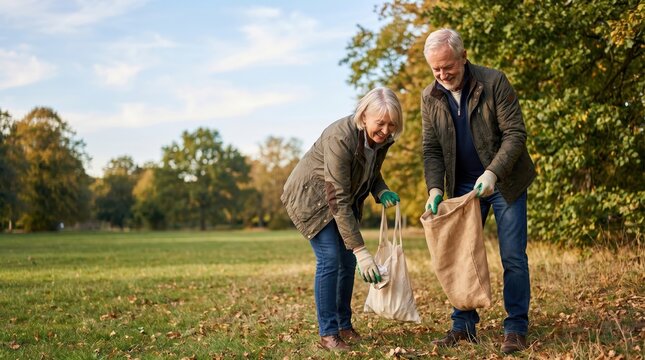 Senior Couple Volunteering for Park Cleanup on Senior Citizen Day