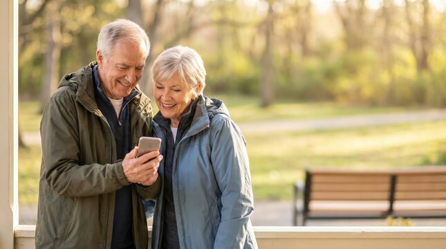 Senior Couple Using Smartphone Outdoors for Senior Citizen Day