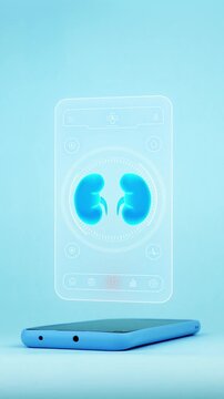 Doctor using mobile app interface on smartphone for renal diagnosis, innovative medical technology for early detection of kidney cancer, chronic kidney disease and cysts. Light blue background.