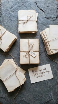 Stacks of Rustic Vintage Paper Bundles Tied with Twine for Low Attention Span