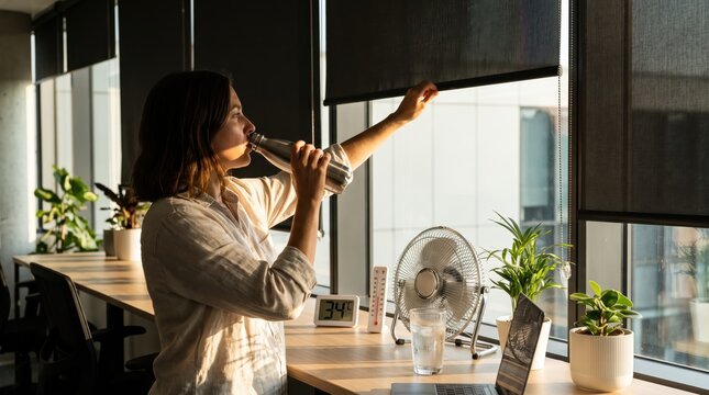 Woman drinks water in hot office during heatwave, practicing safety