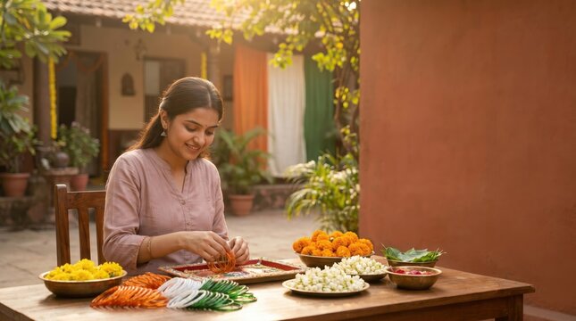 Young Indian Woman Decorating with Tricolor Garlands for India's Independence Day Celebration