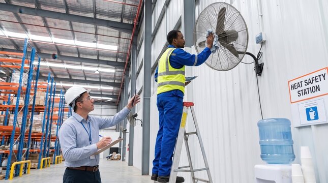 Worker performs heatwave safety fan maintenance in warehouse