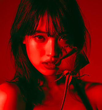Korean woman holding a red rose creates a romantic and elegant visual perfect for Valentine&rsquo;s Day, fashion, or floral-themed.