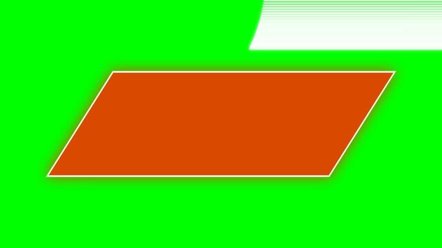 Orange parallelogram shape with a white lower banner on a green background