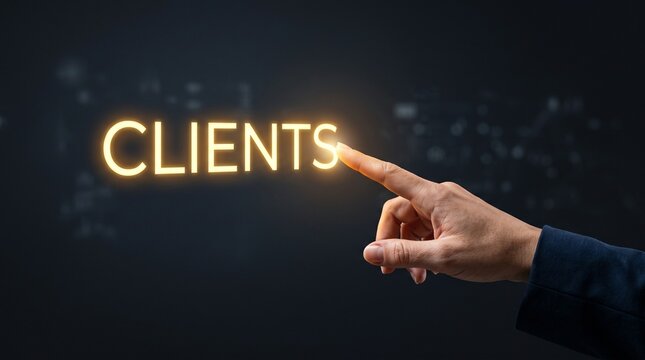 Glowing clients text on virtual screen, businessman hand touching digital customer interface, modern corporate service and acquisition concept