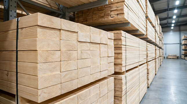 Large Stacks of Lumber Timber Boards Stored in Industrial Warehouse for Construction and Wood Manufacturing Supply