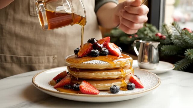 Hand pours sweet syrup on stack of pancakes. Delicious breakfast food with fresh berries. Maple syrup dripping on strawberry and blueberry. Sweet pancakes with syrup for morning meal. Tasty food.