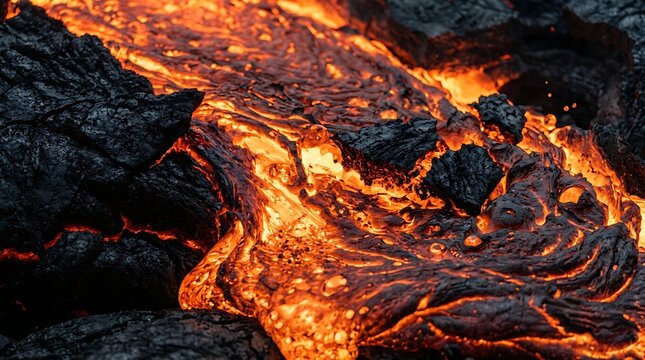 Molten lava flowing over volcanic rock. Glowing magma stream from an active volcano eruption.