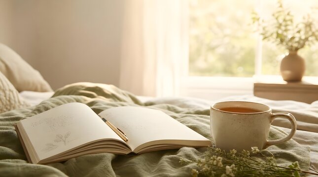 Cozy Morning Scene with Open Notebook and Tea Cup on a Soft Bed by a Sunny Window