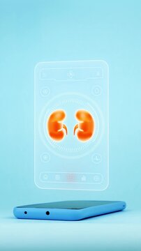 Doctor analyzing kidneys with mobile app interface on smartphone, innovative medical technology for early diagnosis and detection of renal disease. Light blue background.