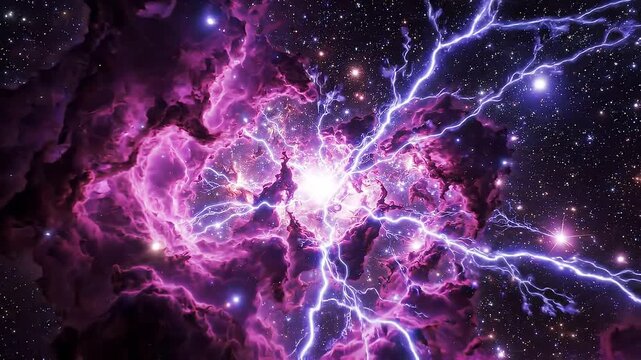 Purple nebula with cosmic lightning strike. Galactic explosion in deep space. Supernova energy release with electrical discharge across stellar gas cloud mystery.