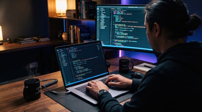 Programmer working late night with dual monitors, code editor open, coffee mug nearby, focused developer in home office, software development, debugging, web application