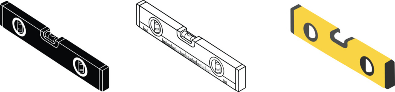 Three Style Set of Isometric Spirit Level Tool Vector Illustration for Construction, Carpentry, and DIY Home Improvement Projects. Professional Bubble Level Icon in Outline, Solid, and Flat Styles.