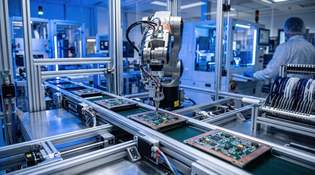 Automated robotic arm assembling circuit boards on conveyor belt in high tech factory, illustrating industrial automation and electronic manufacturing processes with worker in.