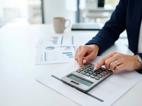 Woman accountant using calculator to analyze financial report at office desk. Businesswoman calculating money data for investment analysis. Professional finance planning and tax budget.