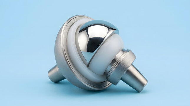 Orthopedic shoulder joint replacement prosthesis featuring shiny metallic surfaces and white plastic components isolated against a soft light blue background
