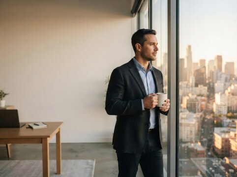 Businessman standing in office looking out window at city skyline. Manager holding mug and thinking about future project. Executive professional working in corporate workspace at sunset.