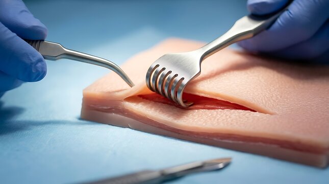 Surgical procedure simulation using medical tools on synthetic skin for professional training practice