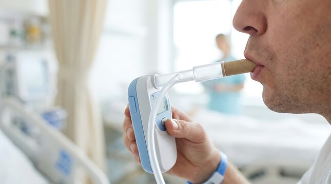 Patient using digital spirometer for lung function assessment in modern medical hospital setting