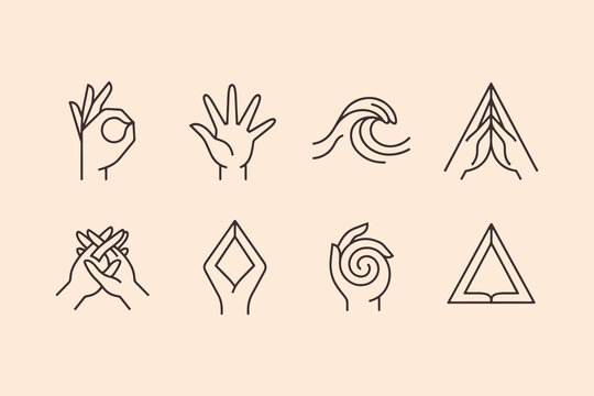 Abstract hand symbols representing elements like water air earth fire yoga mudras and spiritual connections for design.