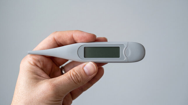 A close-up view of a person holding a grey digital thermometer in their hand, used for ad social media download thambnail poster web template event festival 2026 2027 2028