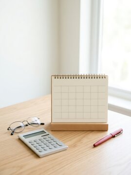 Blank desk calendar on wooden table with calculator, eyeglasses and pen. Planning and time management concept. Minimalist office workstation for scheduling, appointment and goal setting.