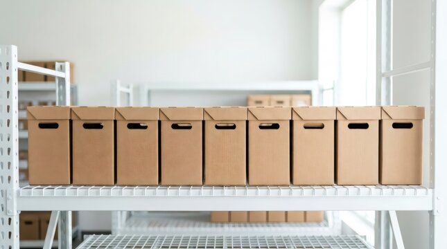 Cardboard storage boxes arranged in a row on a white metal shelf inside an office. Organizing archive files and documents for efficient workspace management. Minimalist storage concept.
