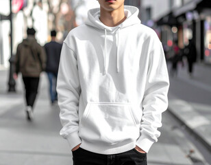 Fototapeta premium Photorealistic lifestyle mockup of a young man wearing a blank white pullover hoodie on street