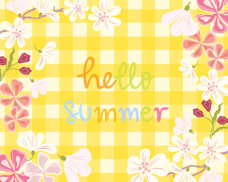 Summer lettering design with gingham background textured for greeting card. Hand drawn for printable or background