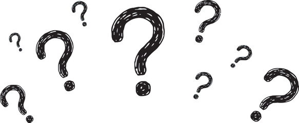 Collection of hand-drawn black question marks isolated on transparent background, vector illustration for FAQ sections, help centers, education, quizzes, uncertainty concepts, and creative graphic © sumon