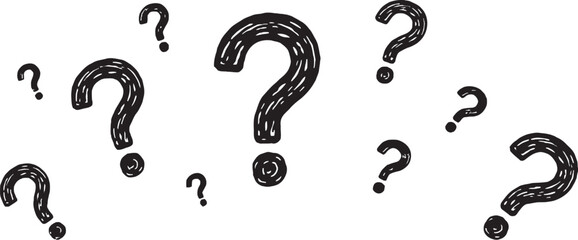 Collection of hand-drawn black question marks isolated on transparent background, vector illustration for FAQ sections, help centers, education, quizzes, uncertainty concepts, and creative graphic © sumon