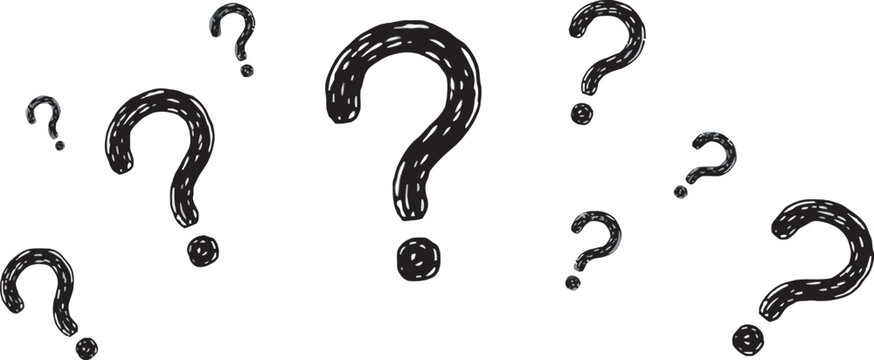 Collection of hand-drawn black question marks isolated on transparent background, vector illustration for FAQ sections, help centers, education, quizzes, uncertainty concepts, and creative graphic