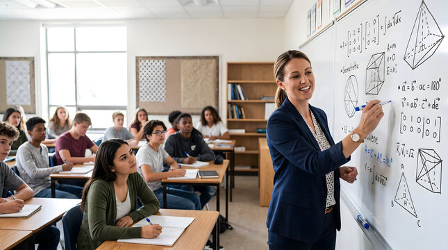 Professional female teacher explains complex geometry formulas on whiteboard to diverse group of attentive high school students in modern classroom environment during mathematics lecture lesson
