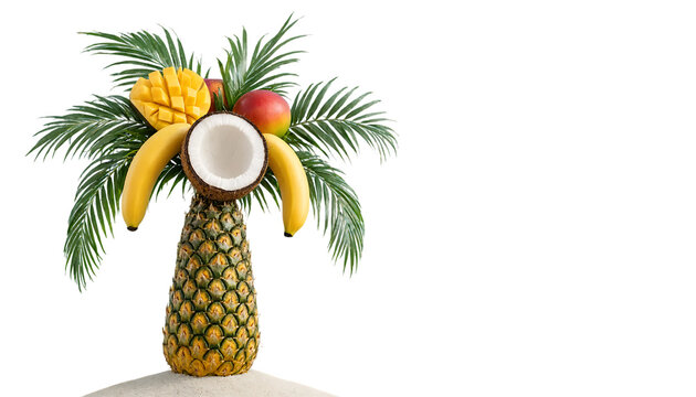 Creative tropical fruit arrangement with pineapple banana and coconut on palm leaves transparent background