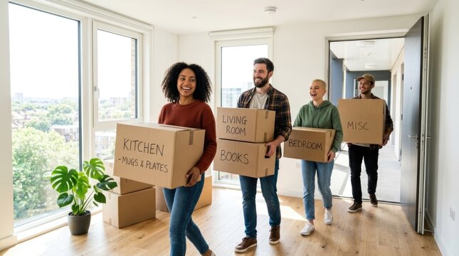Happy Friends Carrying Moving Boxes into New Home Relocation and House Moving Concept