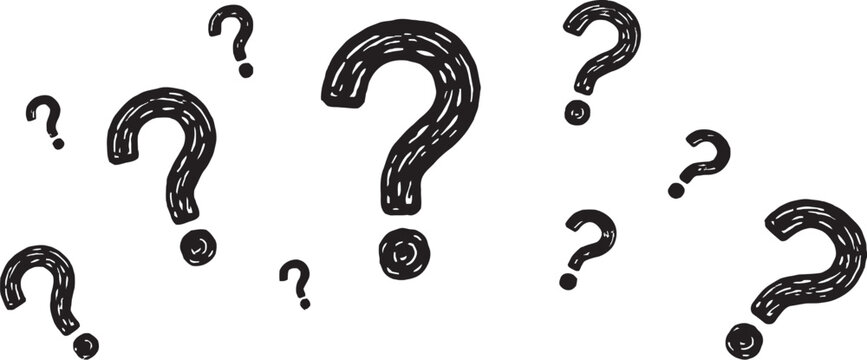 Collection of hand-drawn black question marks isolated on transparent background, vector illustration for FAQ sections, help centers, education, quizzes, uncertainty concepts, and creative graphic