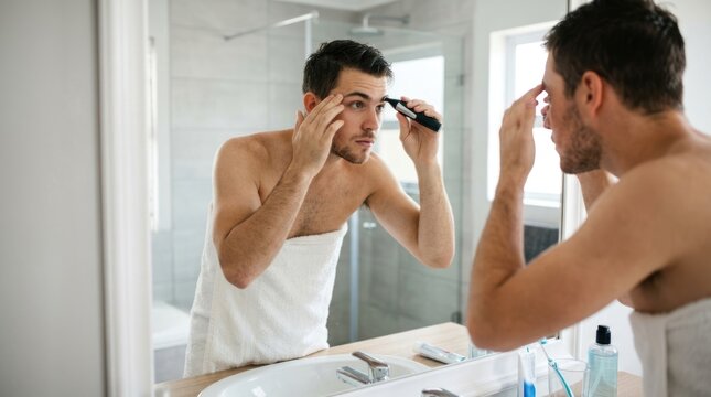 Young Man Grooming Eyebrows in Bathroom Mirror During Morning Personal Care Routine