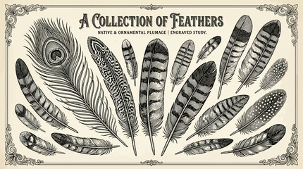 Vintage engraved feather illustrations set, hand-drawn native bird plumage drawings in retro woodcut sketch style © john