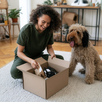 Woman unboxing a delivery of pet supplies at home with her excited dog nearby