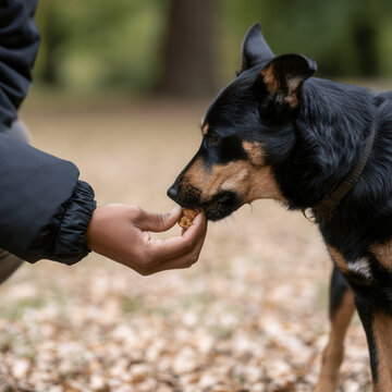 Close-up of a hand giving a small treat to a dog outdoors during a training session in a park