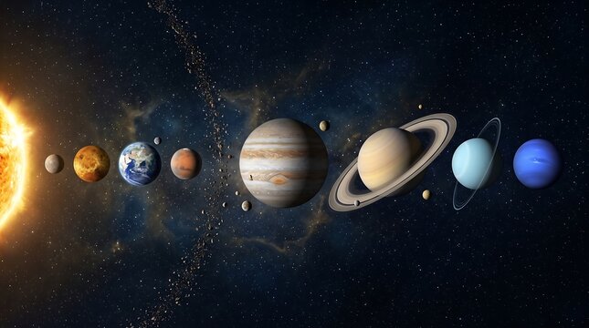 Stunning solar system planets, a cosmic celestial journey through space, vibrant astronomical bodies orbiting the sun, educational science illustration for discovery and exploration