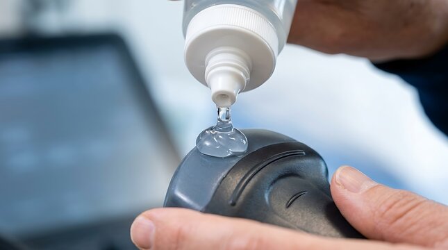 Medical ultrasound gel being applied onto a transducer probe for diagnostic imaging procedures