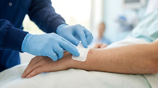 Medical professional applying sterile adhesive dressing to patient arm in hospital setting