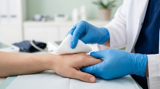 Medical professional cleaning a skin wound on a patient hand with sterile gauze pad