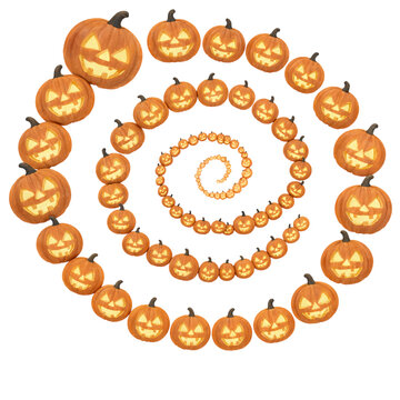 Cute carved pumpkins arranged in a spiral Halloween decoration pattern transparent background