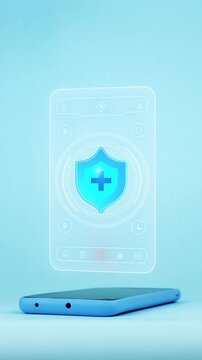 A doctor's hand displays a medical interface on a smartphone with a health shield icon for managing health insurance and protecting health. Light blue background.
