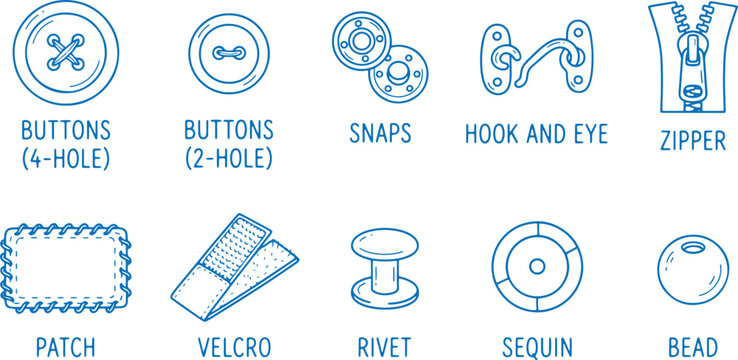 Sewing and crafting supplies collection, blue outline icons on transparent background, including buttons and zipper.