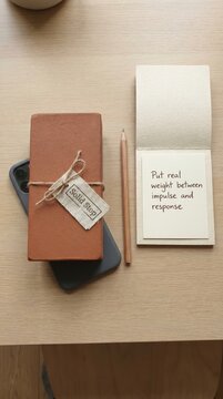 Minimal Workspace Setup for Digital Detox: Notebook, Phone, and Pencil on Wooden Desk