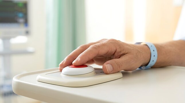 Senior patient hand pressing a hospital call button for assistance in a clinical setting